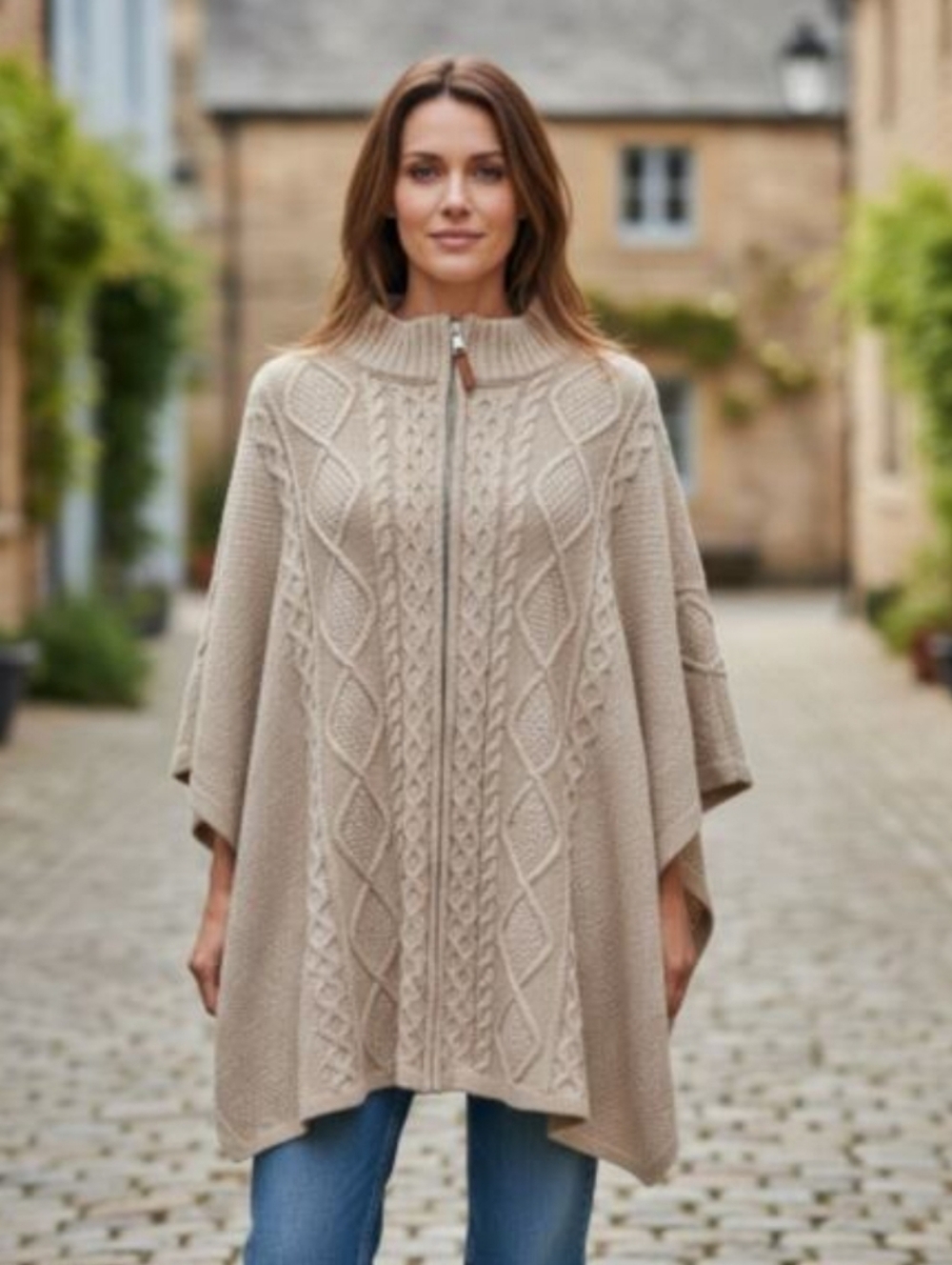 Cupcakes and Cashmere Poncho - Cable Knit with Zipper Size Medium / Large